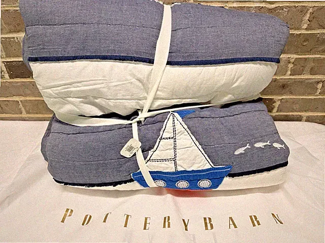 1 Pottery Barn Kids Sailboat Nautical Ocean Sea Quilt Blue Full Queen Size NEW