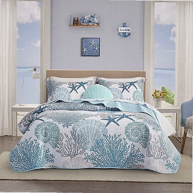 2 Piece Coastal Quilt Sets Twin Size - Reversible Microfiber Quilts with 1 Sh...