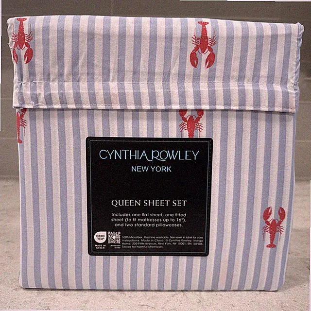 4 PC QUEEN SIZE sheet set LOBSTER Blue White Ticking Stripes nautical beach NEW