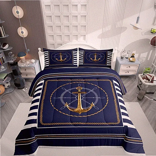 Anchor Bedding Set, Ocean Sailboat Navy Blue down Comforter (Queen)