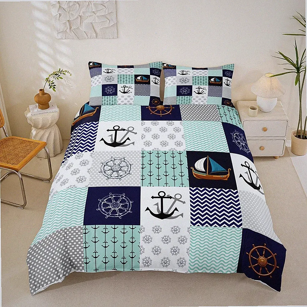 Anchor Decor Bedding Set King Size Kids Ocean Nautical Voyage Comforter Cover Se