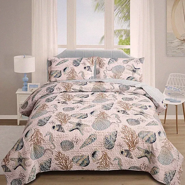 Beach Bedding King Size Lightweight Coastal Bedspreads Ocean Theme,3Pcs Conch Se