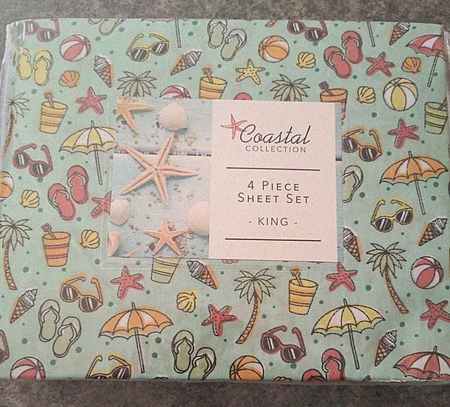 Beach Coastal Summertime Fun Aqua Microfiber Beach Bed Sheet Set -King NWT Cute