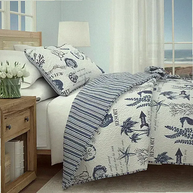 Blue Nautical Coastal Themed Full/Queen Microrfiber 3-Piece Quilt Set Bedspread