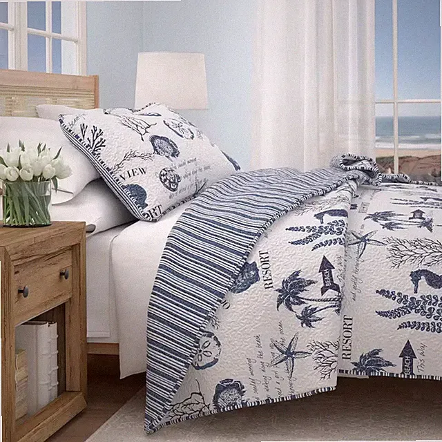 Blue Nautical Coastal Themed Twin Microrfiber 2-Piece Quilt Set Bedspread