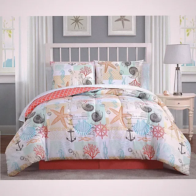 Blue Tan Coral Nautical Beach Starfish 8 pc Comforter Sheet Set Queen King Bed