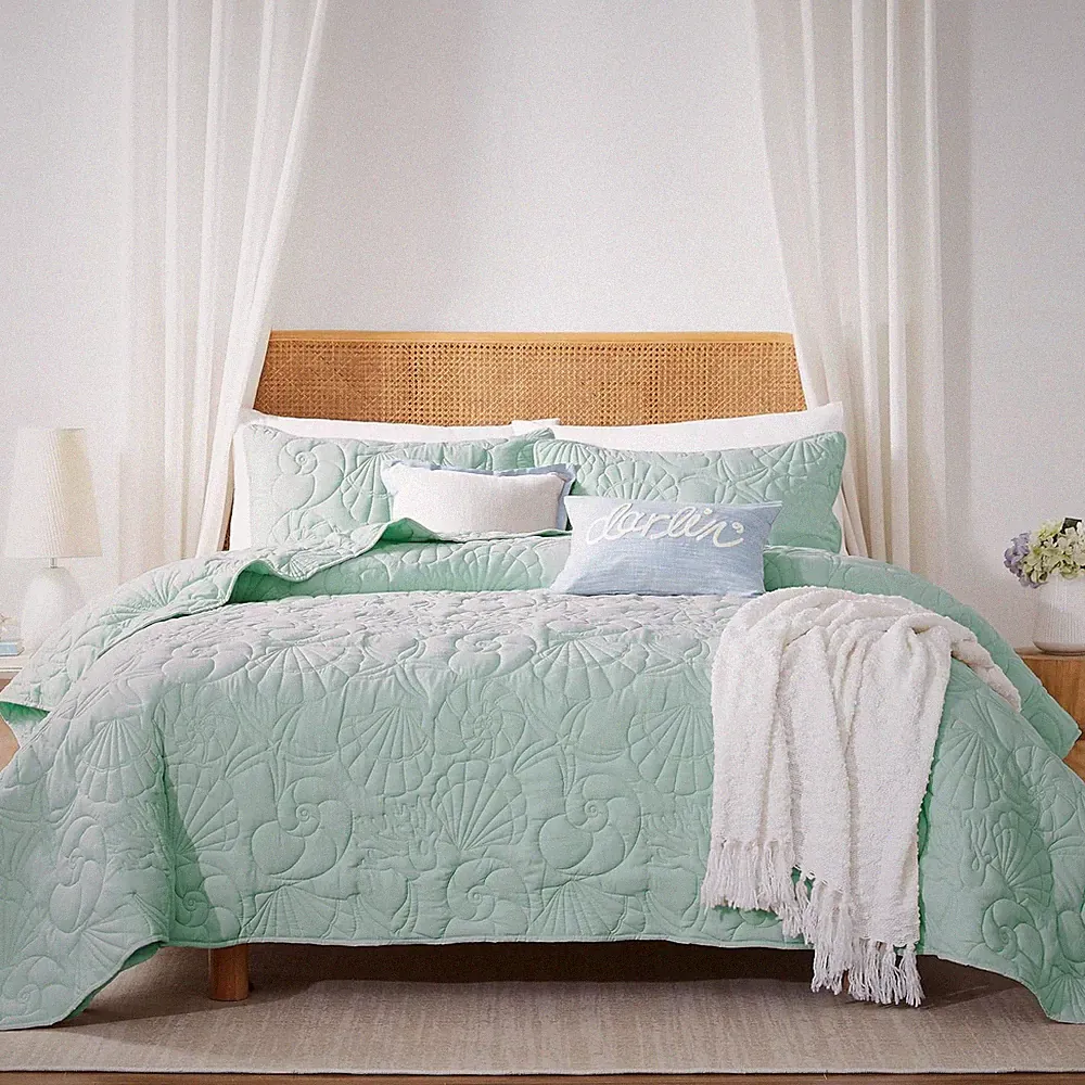 Coastal Beach King Size Quilt Bedding Sets, Seafoam Green Nautical Tropical Ocea