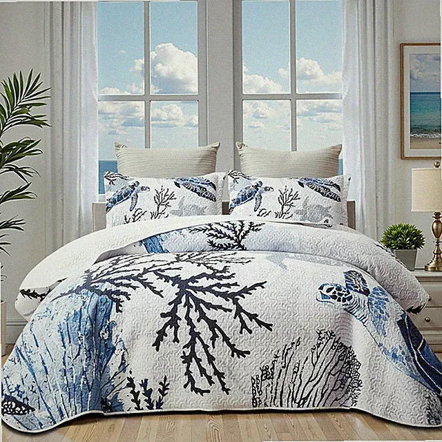 Coastal Bedding California King Size Coastal Quilt with 2 Shams, Nautical Beach