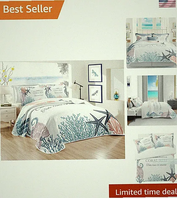 Coastal Bedding King Size 2 Shams, Nautical Beach Comforter Sets Ocean Bedspr...