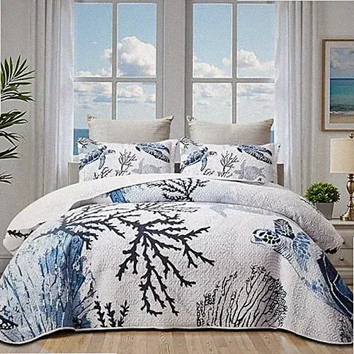 Coastal Bedding Size Coastal Quilt with 2 Shams, Nautical Beach King Sea Turtle