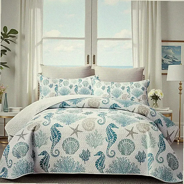 Coastal King Quilt Set with Shams, Nautical Beach Ocean Bedding 96''x106