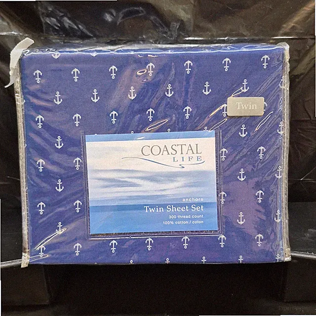 Coastal Life Twin Sheet Set Navy Blue Nautical Anchor Pattern 100% Cotton 300ct