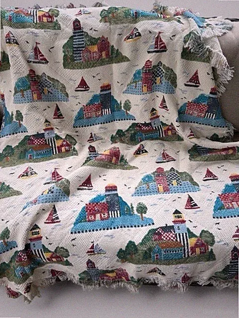 Coastal Lighthouse Throw Blanket in Cream with Multicolor Nautical Print fringe