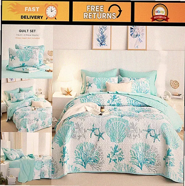 Coastal Nautical Quilt Set - Reversible Tropical Beach Bedspread, Aqua Twin XL 3