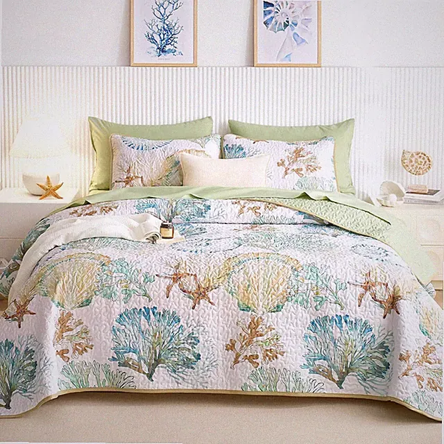 Coastal Quilt Set, Nautical Ocean Beach Themed Tropical Summer Patterned, Reve