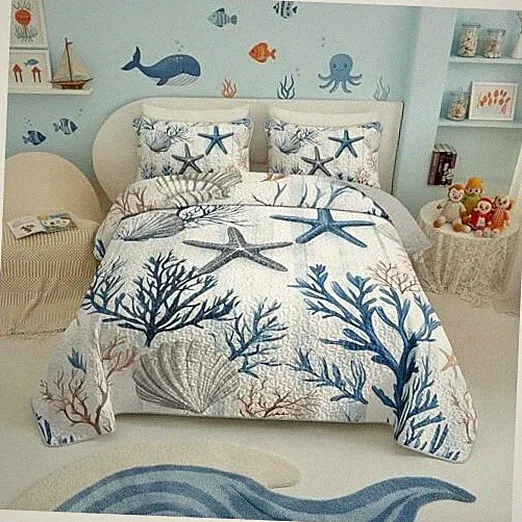 Coastal Quilt Set Size,Starfish Coral Nautical Bedspread Full/Queen Coastal 14