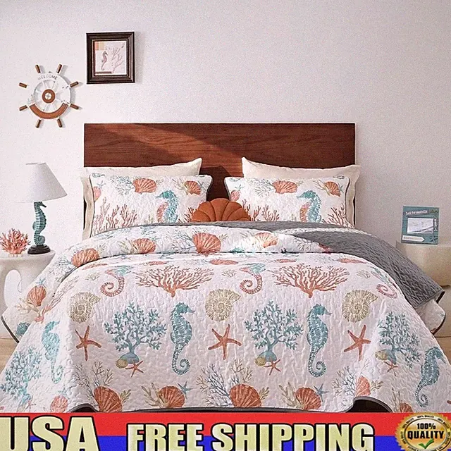 Coastal Quilt SetBeach Nautical Bedding3 Piece Lightweight CoverletBedspread New