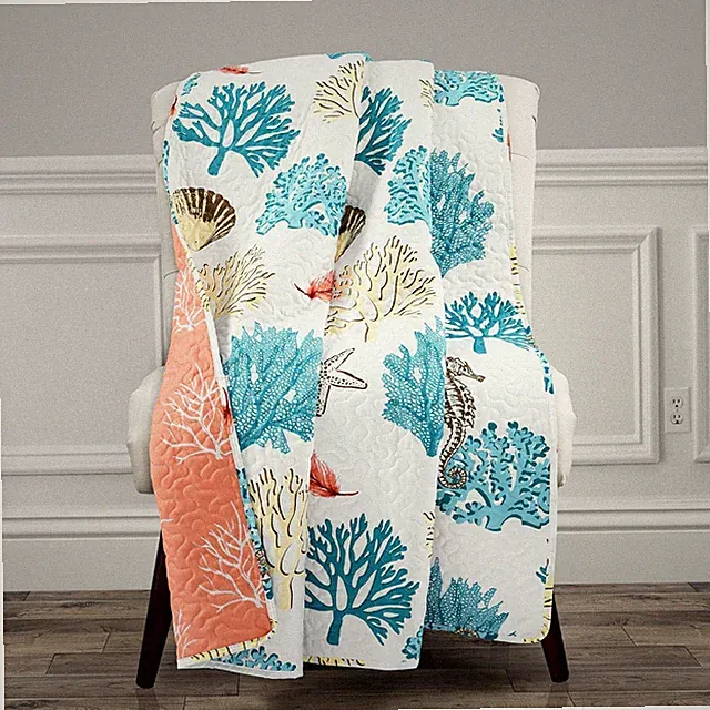 Coastal Reef Reversible Throw Blanket 50"x60" Blue Coral Couch Bed Blanket