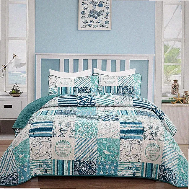 Dinjoy Summer Nautical Ocean Quilt Set Twin Size, Beige Blue Green Beach Coastal