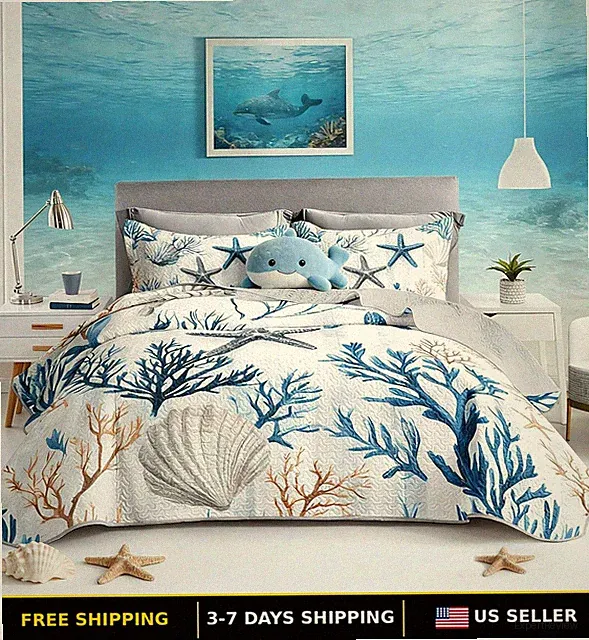 King Size Coastal Quilt Set - Nautical Blue Coral & Starfish Design
