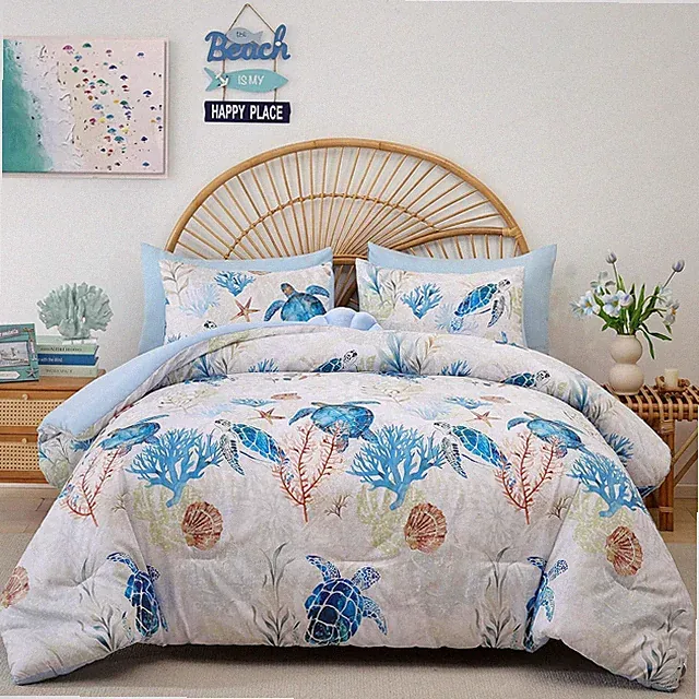 King Size Comforter Set – 3 Pieces Coastal Beach Themed Bedding Set with Sea Tur