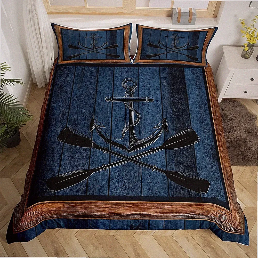 Lake Life Bedding Set King Size for Woman Men,Nautical Anchor Paddle Print Co...