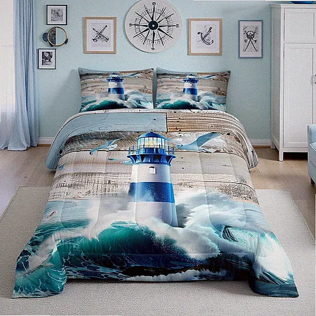 Lighthouse Comforter Set King Size,Sea Ocean Wave Bedding Set Nautical Bedroom D