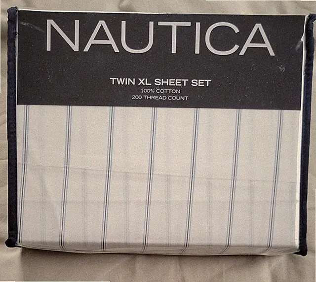 Nautica Twin XL 3 Piece Sheet SET Cotton Percale Skippers Island Blue Stripe NEW