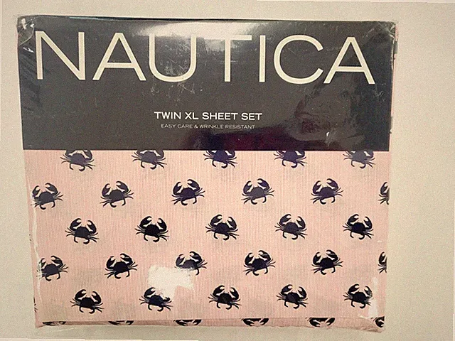 Nautica Twin XL Sheet Set Pink Pinstripe with Blue Crabs Cotton Blend