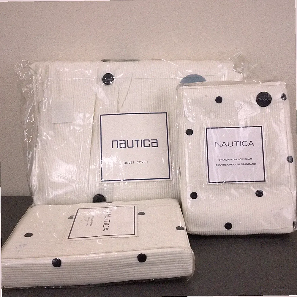Nautica White Navy Blue Twin Duvet Cover Polka Dot Shams Nautical Buttons Ribbed
