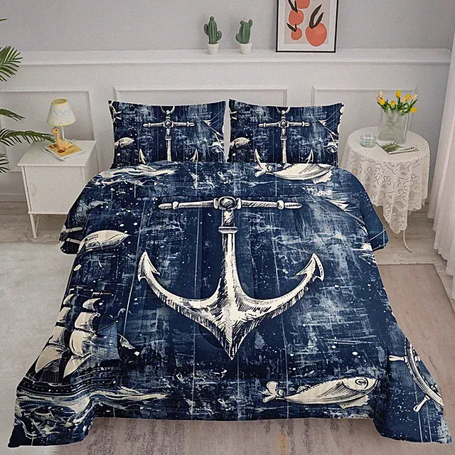 Nautical Anchor Comforter Set Ocean Sailboat Printed Bedding Set with 1 Comforte