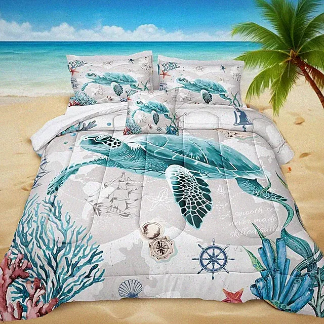 Nautical Bedding Set Turtle Comforter Set King Size Beach Comforter Set Soft Mic