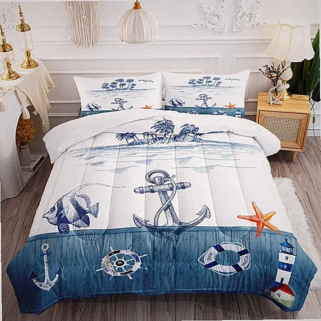 Nautical Sailboat Comforter Set for Kids and Adults, Queen Size Anchor Rudder Th