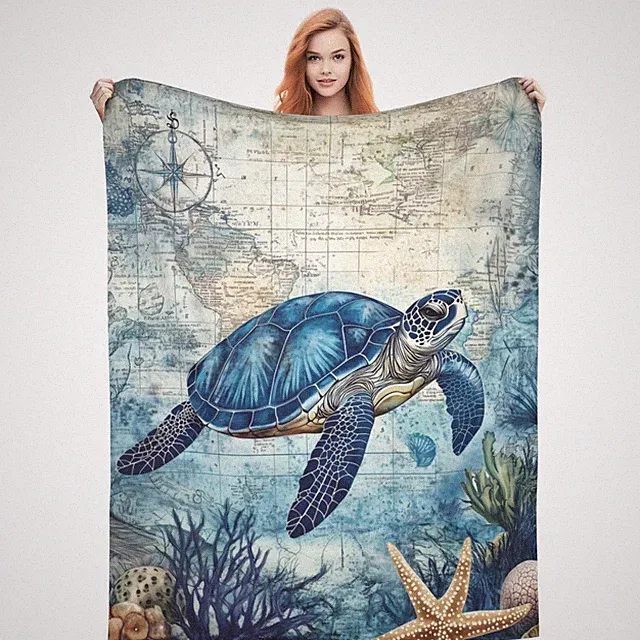 Nautical Sea Turtle Blanket Ocean Throw Blanket Warm Comfy Flannel Travel Off...