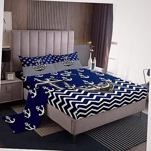 Nautical Sheet Set King Size Navy Blue White KING (W78*L80*H16") Anchor
