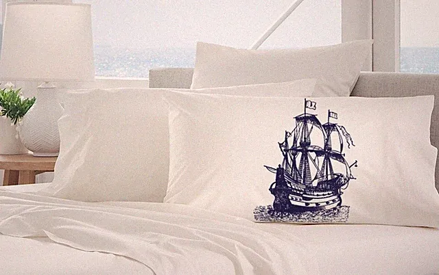 Navy Blue Ship Pillow Cover Queen Size Cotton Pillowcase Coastal Decor Nautical