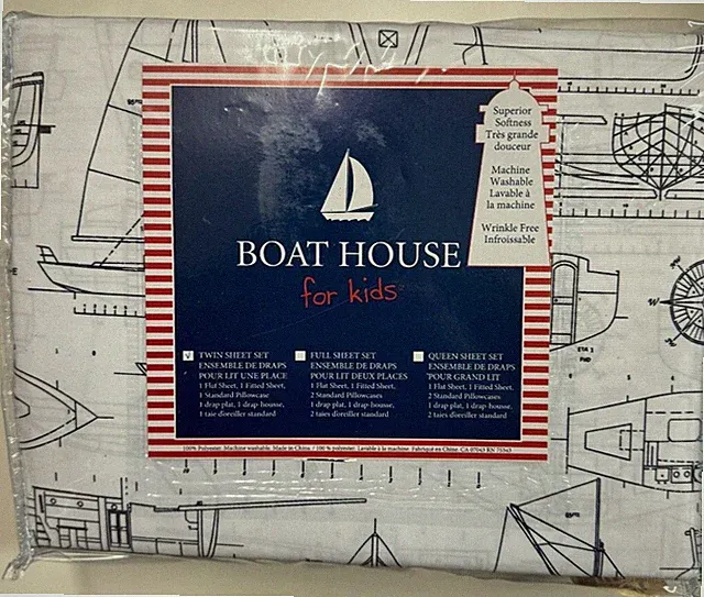 New BOAT HOUSE Kids White Navy Blue Sailboats Nautical Sheet Set - Twin 3PC