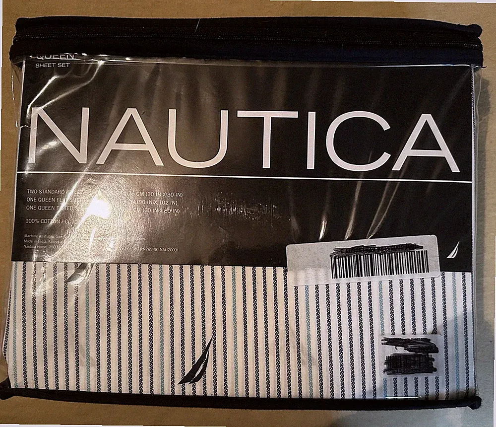 New Nautica Classic Pinstripe Sheet Set in White, Navy & Light Blue- Queen