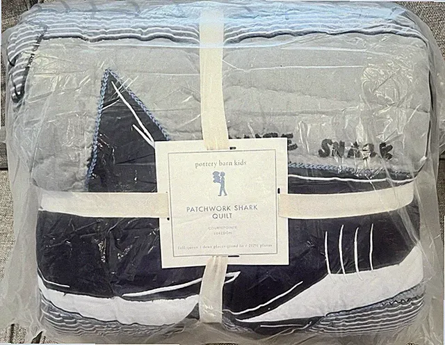 NEW Pottery Barn Kids Patchwork Shark Full/Queen Quilt, Ocean, Nautical