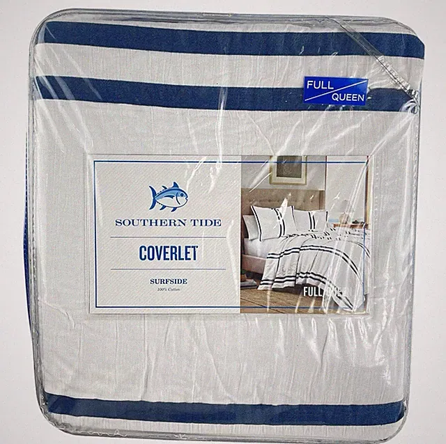 NEW Southern Tide Skipjack FULL/QUEEN Coverlet Surfside White w/Blue Stripes