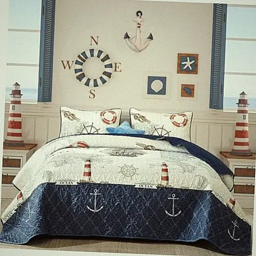 Ocean Quilts Size 3 Piece,Nautical Coastal Quilt Bedding Queen Blue Nautical