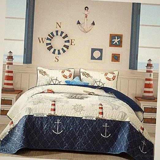 Ocean Size Quilt Set 3 Piece,Nautical Coastal Quilt Bedding King Blue Nautical
