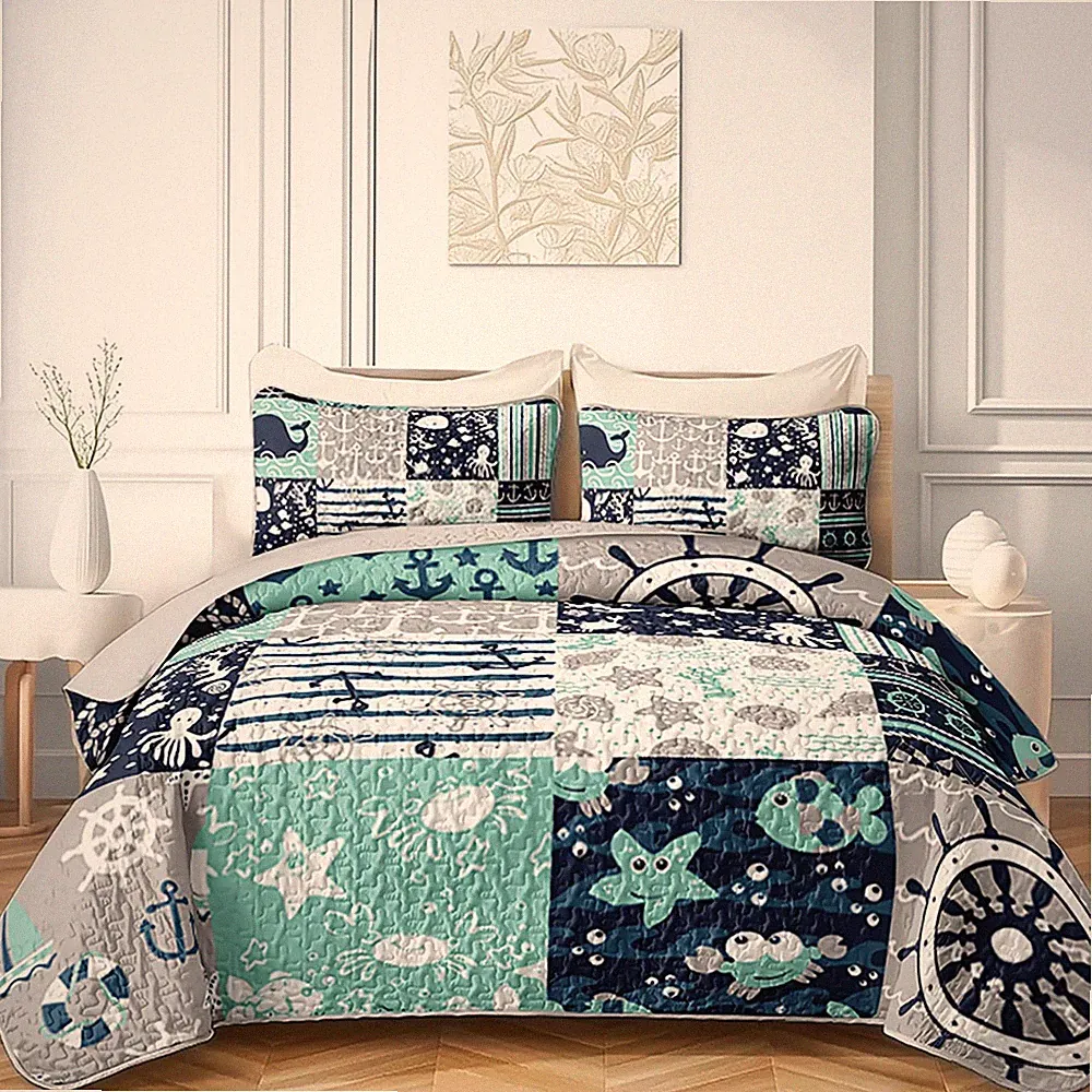 OUIXOTIC 3pcs Nautical Bedding Set King- Anchor, Starfish, Seahorse Quilt! Re...