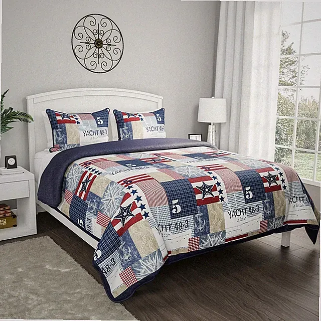 Patchwork Nautical Americana Quilted Blanket Colorful Bedspread Twin Queen King