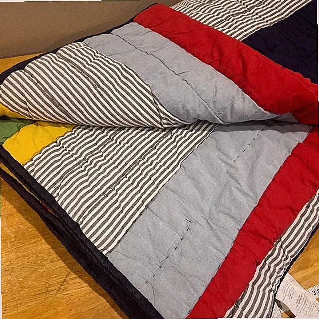 Pottery Barn Kids Twin Quilt Multi Color Striped Navy Red Cotton Hand Stitched