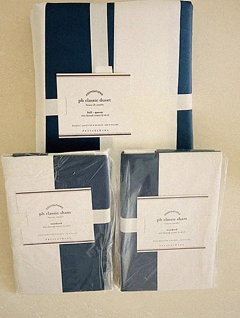 Pottery Barn Nautical Classic Stripe Duvet Cover 3 Pc Set Full Queen 100% Cotton