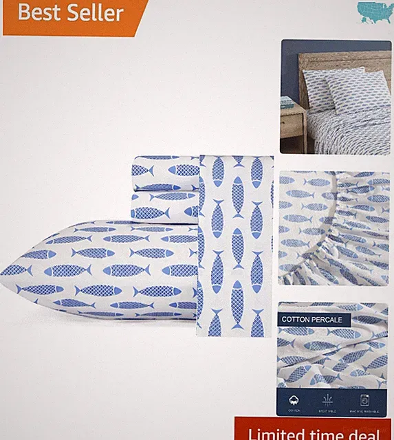 Queen Cotton Percale Bedding Set with Nautical Woodblock Fish Design - 4 Pieces