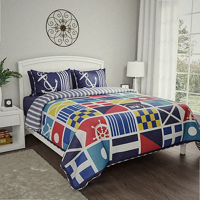 Quilt Bedspread Set Mariner Design Full/Queen Set Nautical Coastal Theme