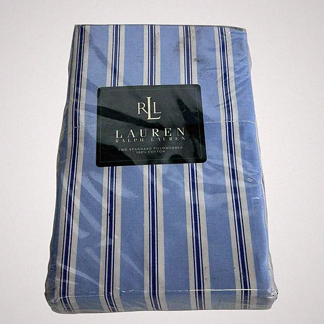 RALPH LAUREN Porcelain Blue & White Ticking Stripe Standard Size Pillowcases