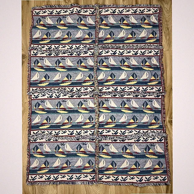 Sailboat Woven Tapestry Throw Blanket Blue Nautical Fringed Vintage Paneled
